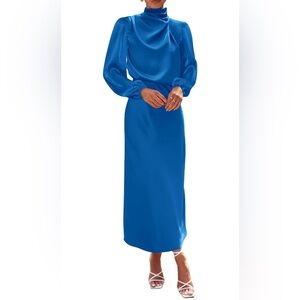 BTFBM Mock Neck Satin Elegant Elastic High Waist Formal Wedding Cocktail Dress